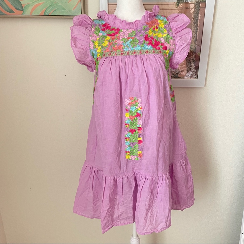 J. Marie Harlyn Embroidered Mock Neck Ruffled Cap Sleeve Trim Tiered Shift Dress